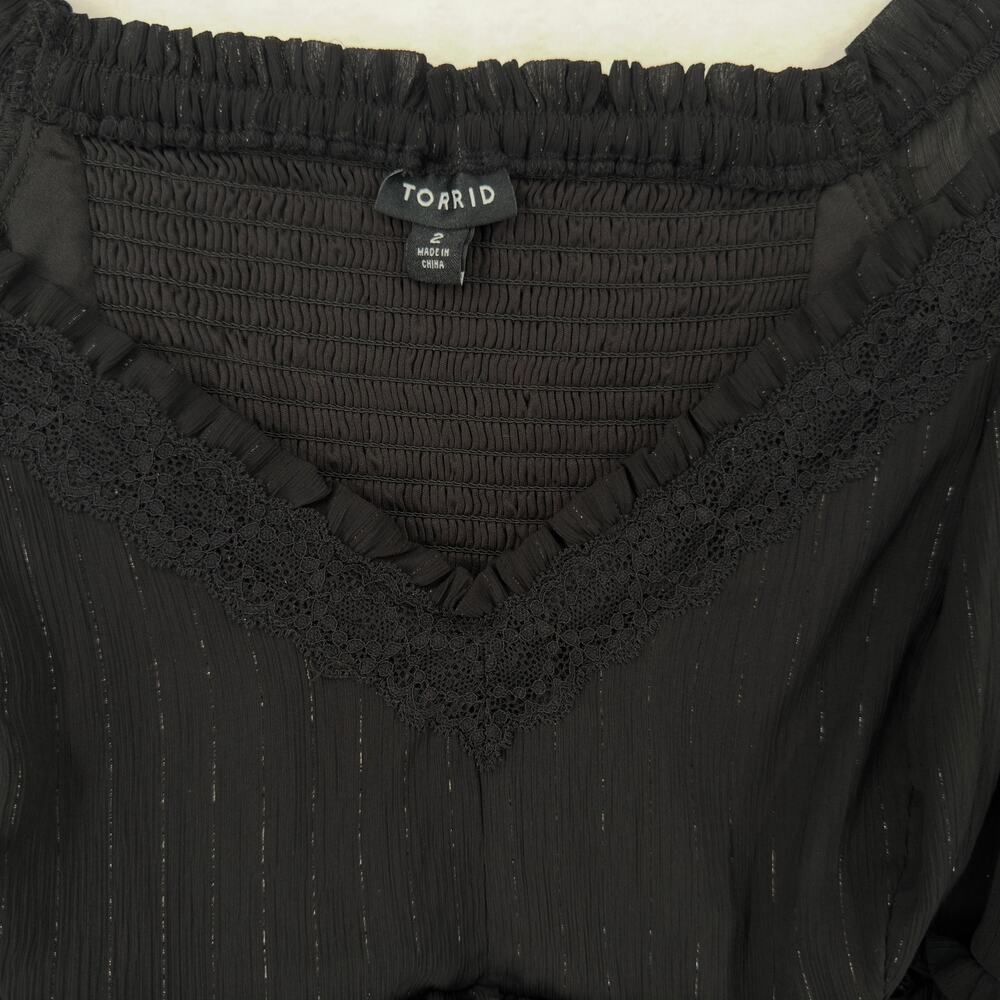 Torrid Babydoll Top Womens Size 2 Black Silver Stripes Puff Sleeve Whimsigoth - Picture 5 of 9